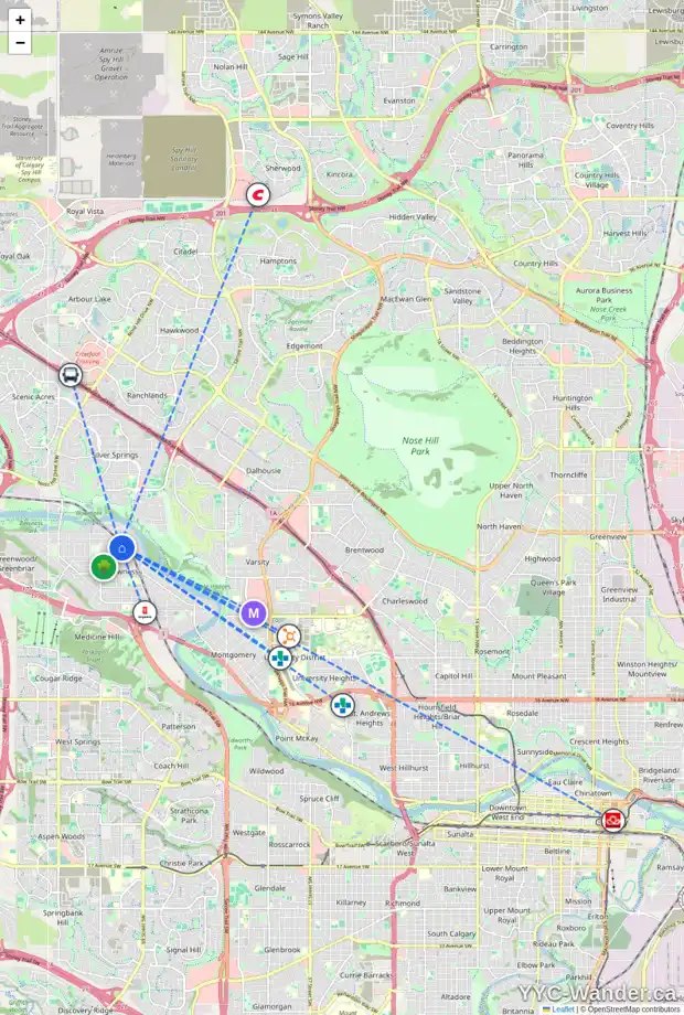 Daily accessibility map for 4623 69 ST NW, Calgary showing nearby schools, grocery stores, parks, LRT stations and nearby amenities