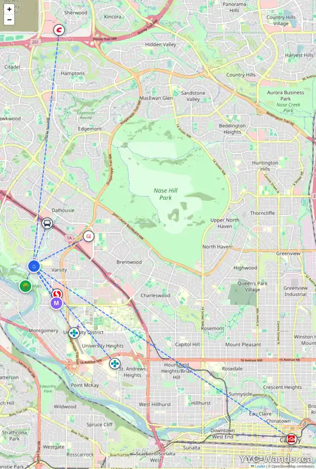 Daily accessibility map for 208 VARSITY CR NW, Calgary showing nearby schools, grocery stores, parks, LRT stations and nearby amenities