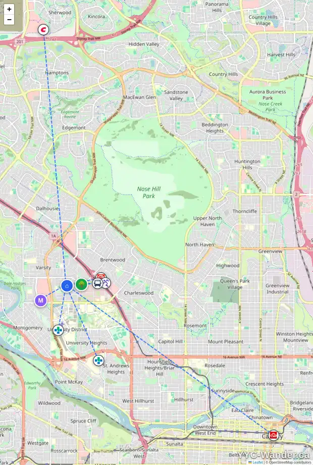 Daily accessibility map for 4004 VARDELL RD NW, Calgary showing nearby schools, grocery stores, parks, LRT stations and nearby amenities