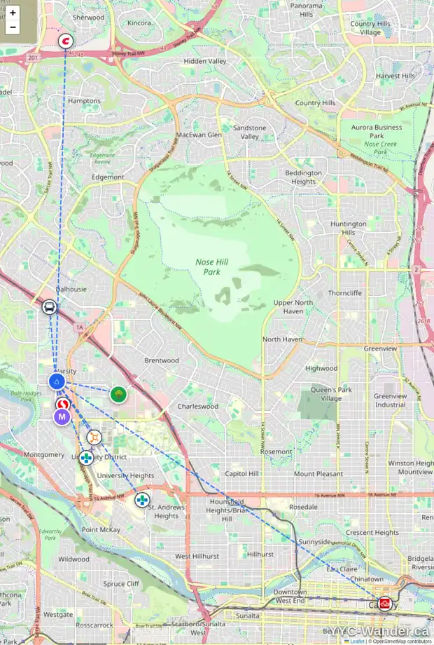 Daily accessibility map for 4215 49 ST NW, Calgary showing nearby schools, grocery stores, parks, LRT stations and nearby amenities