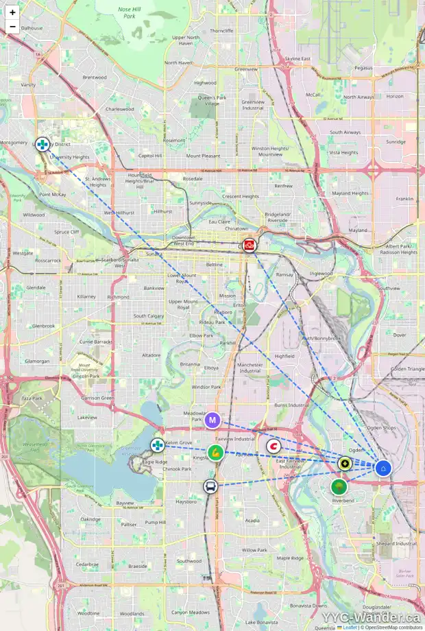 Daily accessibility map for 7629 26A ST SE, Calgary showing nearby schools, grocery stores, parks, LRT stations and nearby amenities