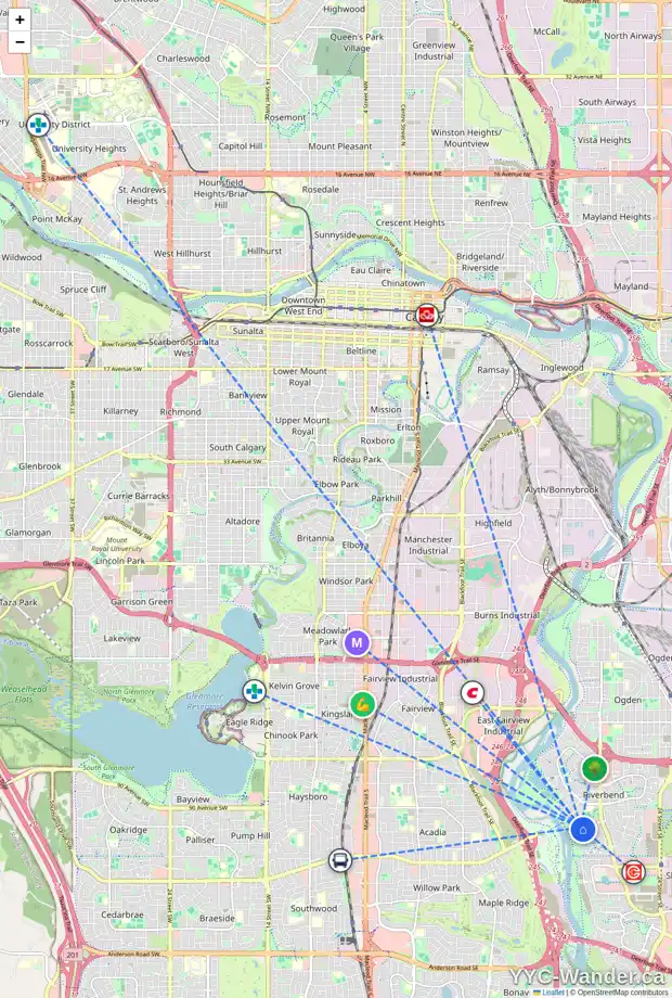 Daily accessibility map for 120 RIVERVIEW CL SE, Calgary showing nearby schools, grocery stores, parks, LRT stations and nearby amenities