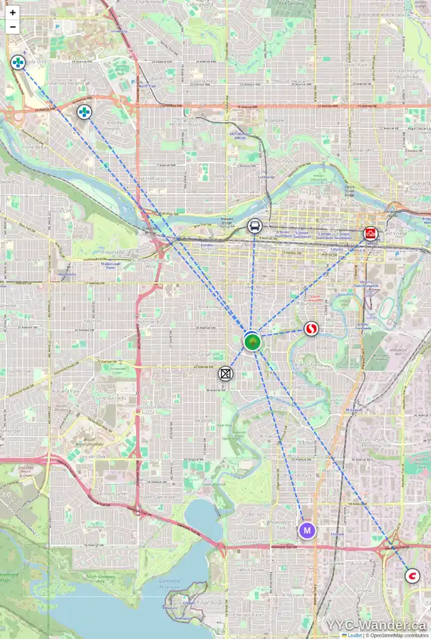 Daily accessibility map for 1122 TALON AV SW, Calgary showing nearby schools, grocery stores, parks, LRT stations and nearby amenities