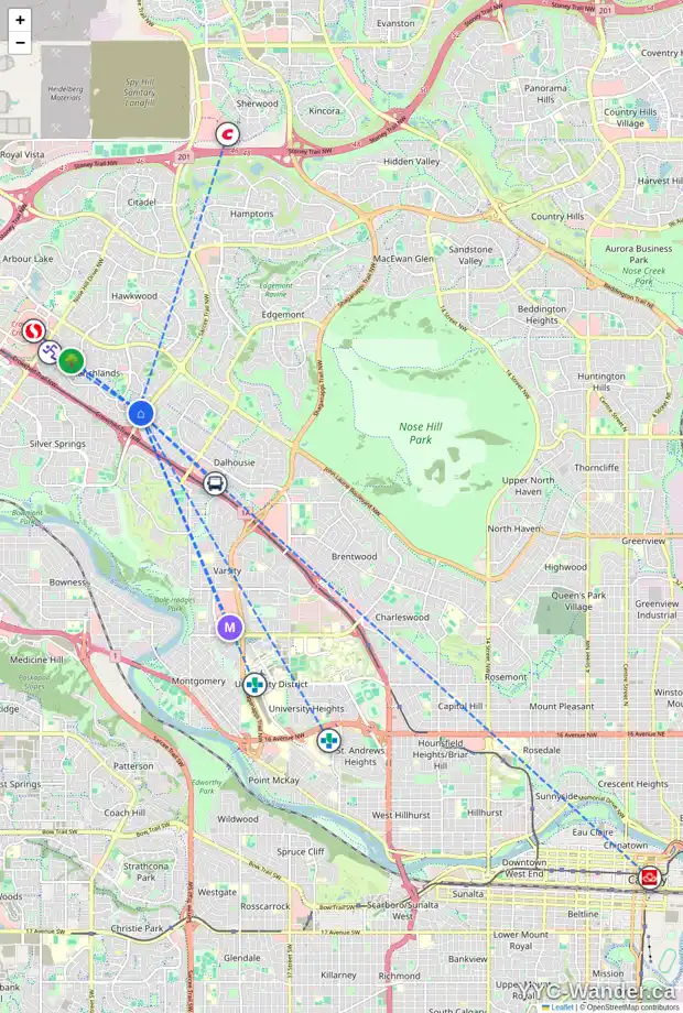 Daily accessibility map for 211 RANCHVIEW CO NW, Calgary showing nearby schools, grocery stores, parks, LRT stations and nearby amenities