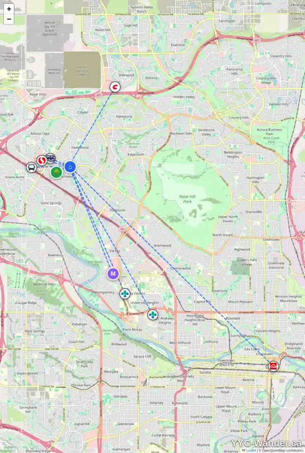 Daily accessibility map for 605 HAWKSIDE ME NW, Calgary showing nearby schools, grocery stores, parks, LRT stations and nearby amenities