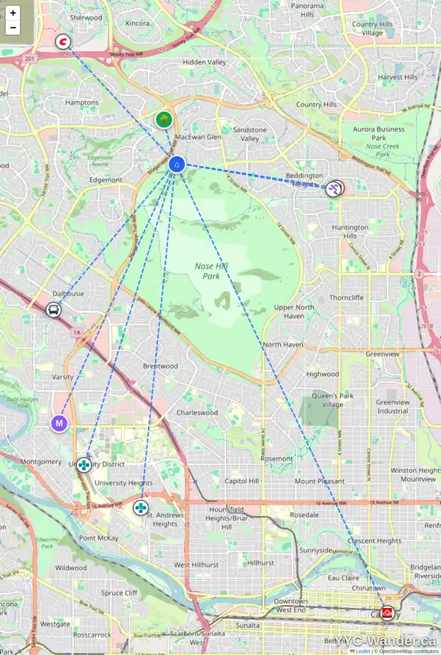 Daily accessibility map for 336 MACEWAN PARK VW NW, Calgary showing nearby schools, grocery stores, parks, LRT stations and nearby amenities