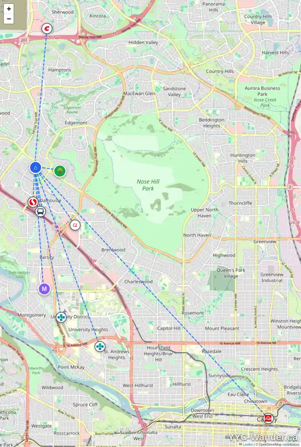 Daily accessibility map for 6811 DALMENY GA NW, Calgary showing nearby schools, grocery stores, parks, LRT stations and nearby amenities