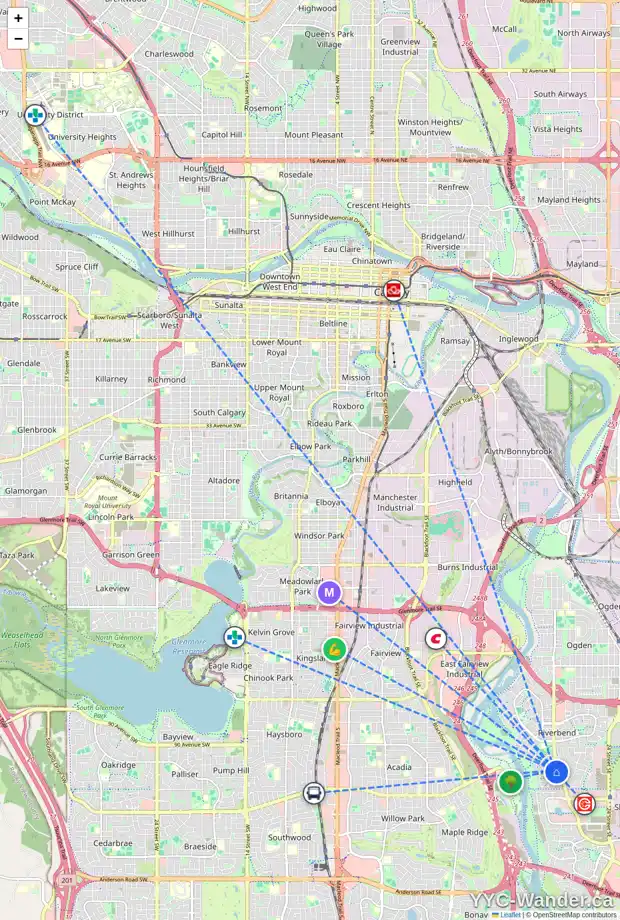 Daily accessibility map for 222 RIVERVIEW PL SE, Calgary showing nearby schools, grocery stores, parks, LRT stations and nearby amenities