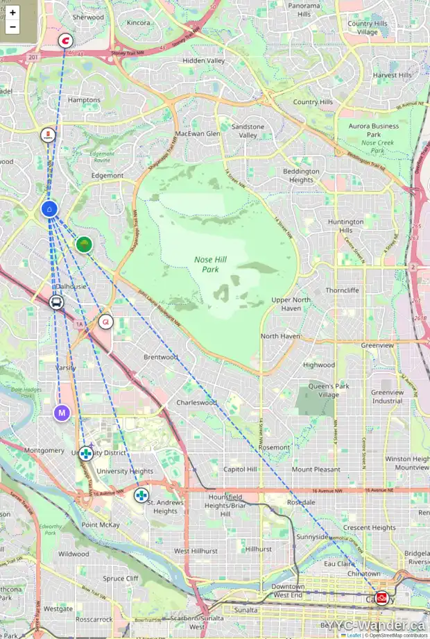 Daily accessibility map for 139 EDGEHILL CO NW, Calgary showing nearby schools, grocery stores, parks, LRT stations and nearby amenities