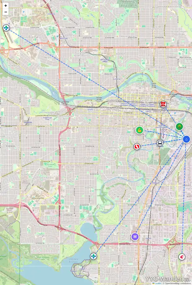 Daily accessibility map for 722 23 AV SE, Calgary showing nearby schools, grocery stores, parks, LRT stations and nearby amenities