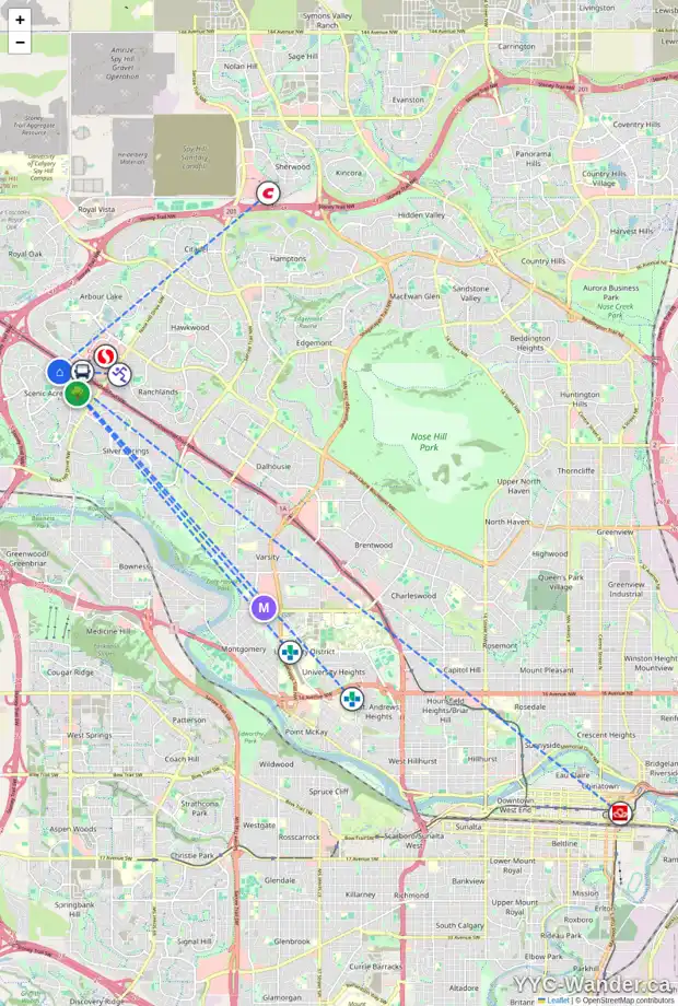Daily accessibility map for 218 SCOTIA PT NW, Calgary showing nearby schools, grocery stores, parks, LRT stations and nearby amenities