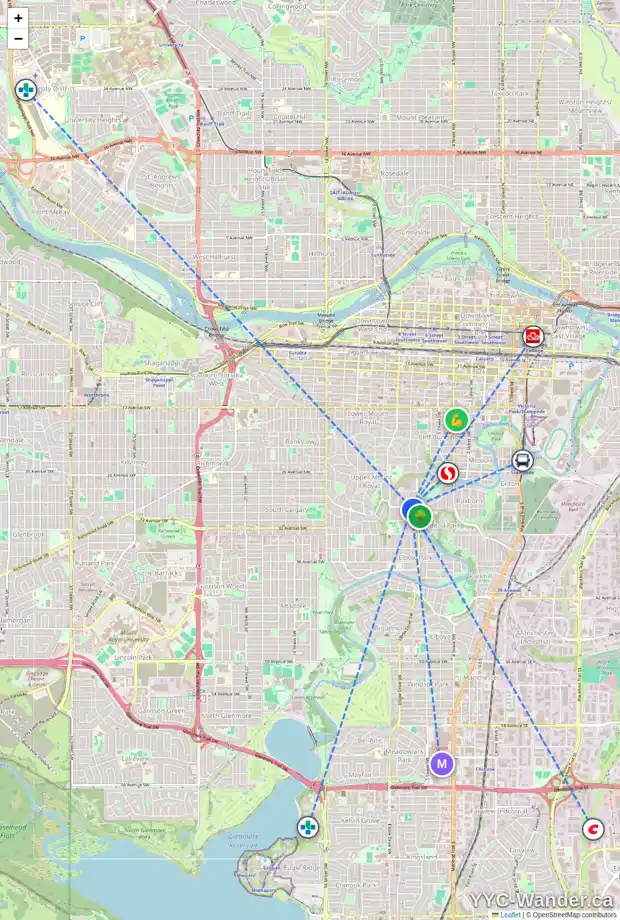 Daily accessibility map for 601 30 AV SW, Calgary showing nearby schools, grocery stores, parks, LRT stations and nearby amenities
