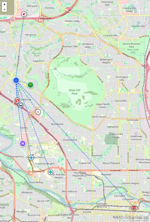 Daily accessibility map for 584 DALMENY HL NW, Calgary showing nearby schools, grocery stores, parks, LRT stations and nearby amenities