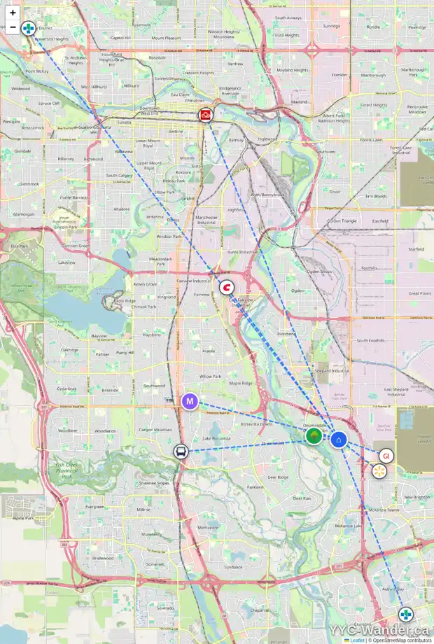 Daily accessibility map for 11 DOUGLASVIEW PA SE, Calgary showing nearby schools, grocery stores, parks, LRT stations and nearby amenities