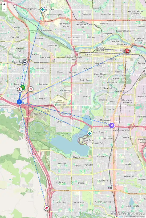 Daily accessibility map for 335 SIERRA MADRE CO SW, Calgary showing nearby schools, grocery stores, parks, LRT stations and nearby amenities