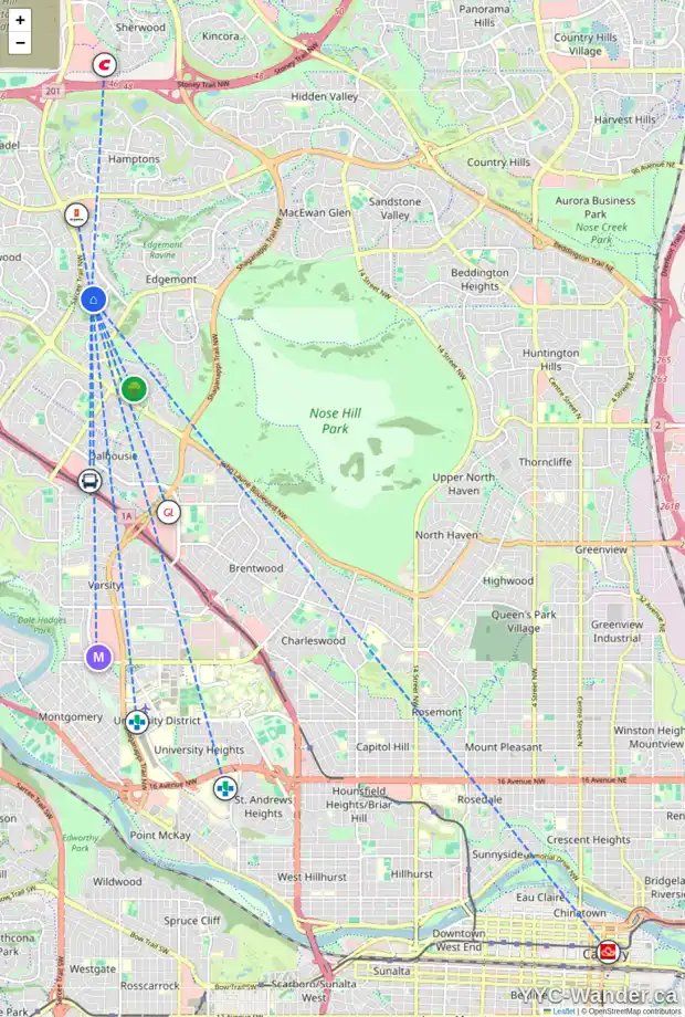 Daily accessibility map for 56 EDGELAND RD NW, Calgary showing nearby schools, grocery stores, parks, LRT stations and nearby amenities