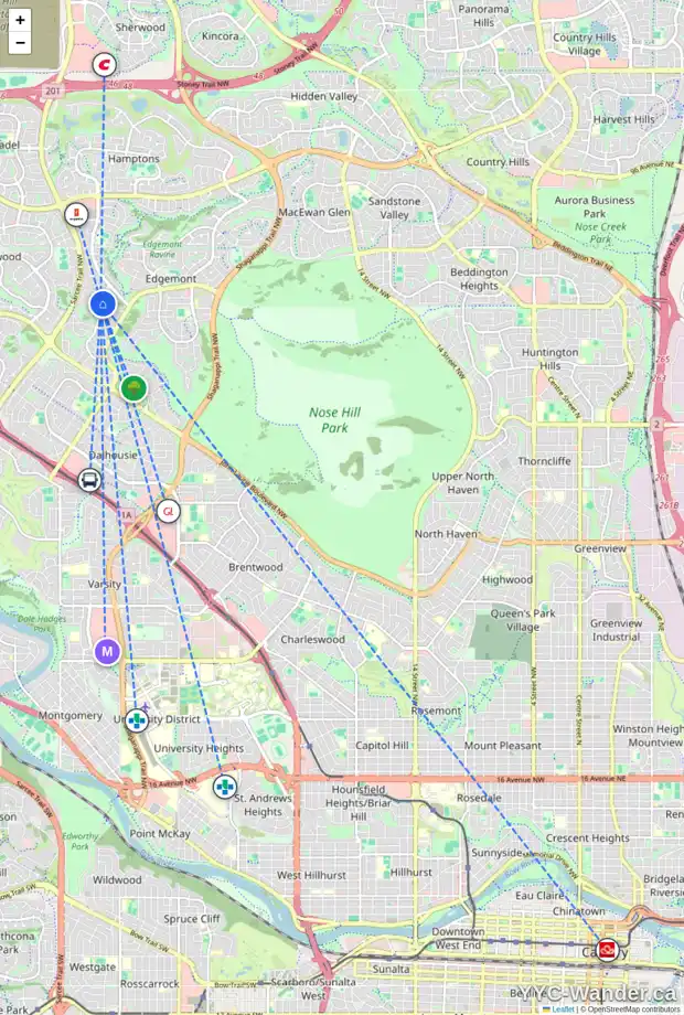 Daily accessibility map for 47 EDGELAND CO NW, Calgary showing nearby schools, grocery stores, parks, LRT stations and nearby amenities