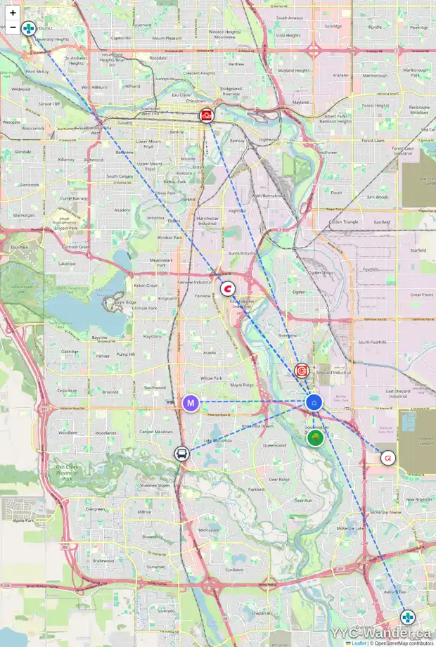 Daily accessibility map for 80 DOUGLAS GLEN CR SE, Calgary showing nearby schools, grocery stores, parks, LRT stations and nearby amenities
