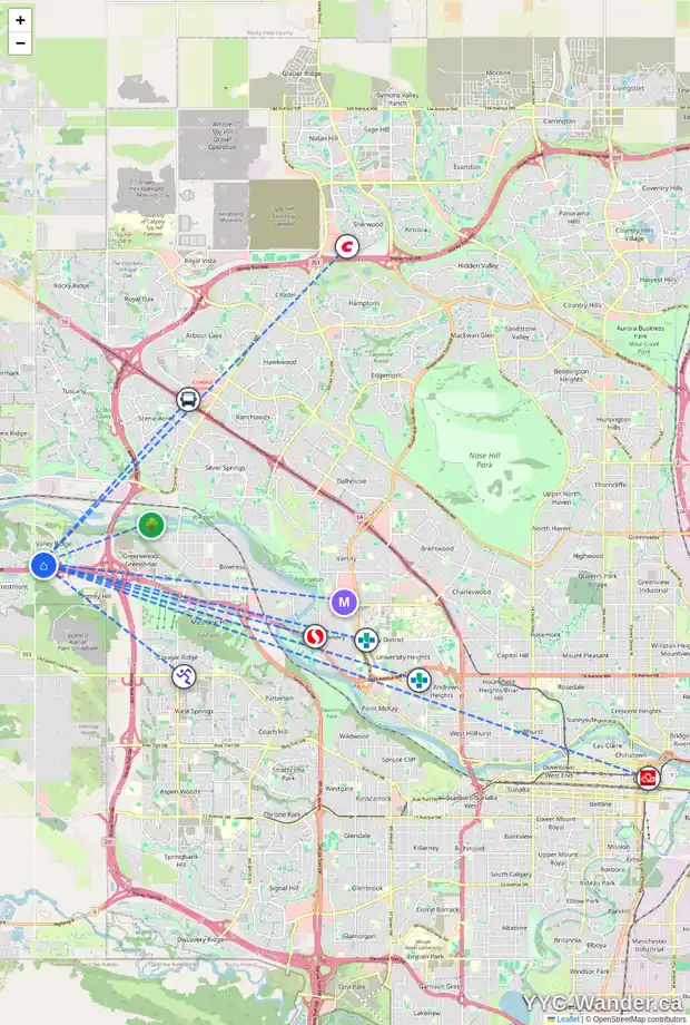 Daily accessibility map for 107 VALLEY PONDS CR NW, Calgary showing nearby schools, grocery stores, parks, LRT stations and nearby amenities
