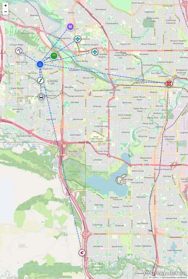Daily accessibility map for 28 6841 COACH HILL RD SW, Calgary showing nearby schools, grocery stores, parks, LRT stations and nearby amenities