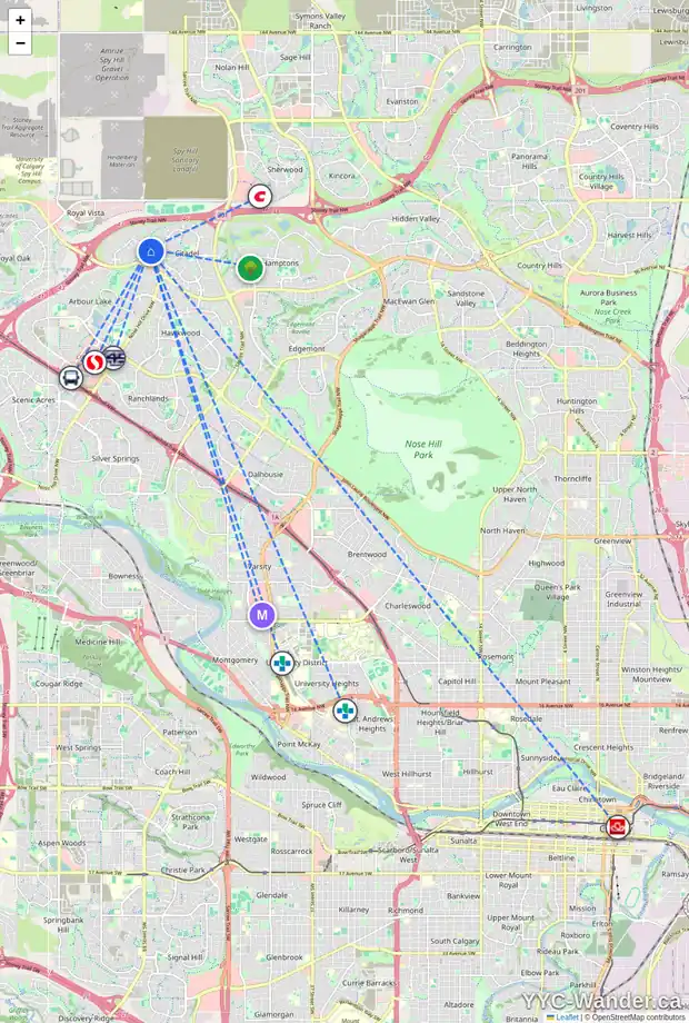 Daily accessibility map for 107 CITADEL RIDGE CL NW, Calgary showing nearby schools, grocery stores, parks, LRT stations and nearby amenities