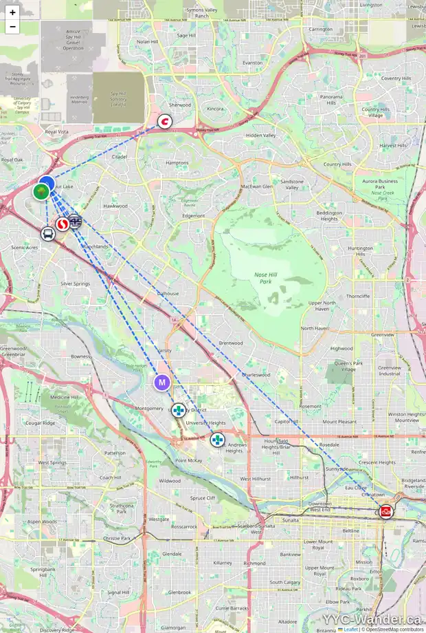 Daily accessibility map for 134 ARBOUR CREST RI NW, Calgary showing nearby schools, grocery stores, parks, LRT stations and nearby amenities