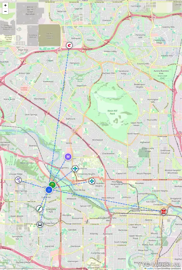 Daily accessibility map for 69 PROMINENCE PA SW, Calgary showing nearby schools, grocery stores, parks, LRT stations and nearby amenities