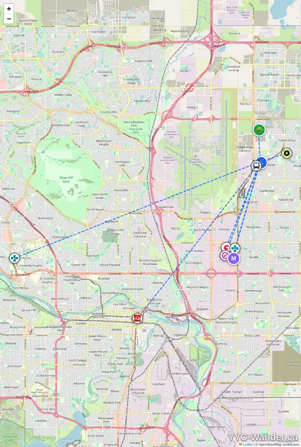 Daily accessibility map for 94 MARTHA'S HAVEN GR NE, Calgary showing nearby schools, grocery stores, parks, LRT stations and nearby amenities
