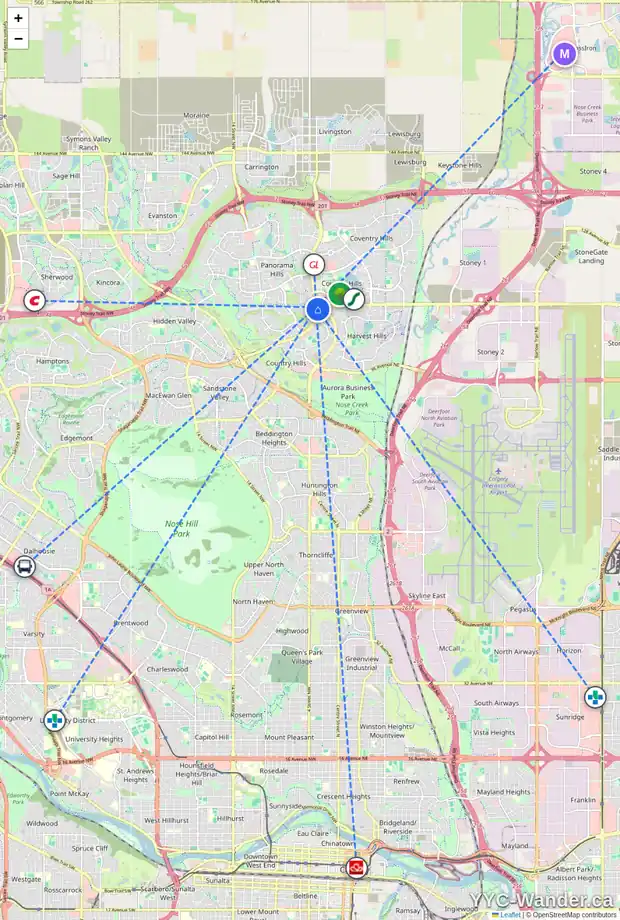 Daily accessibility map for 225 PANORAMA HILLS LN NW, Calgary showing nearby schools, grocery stores, parks, LRT stations and nearby amenities