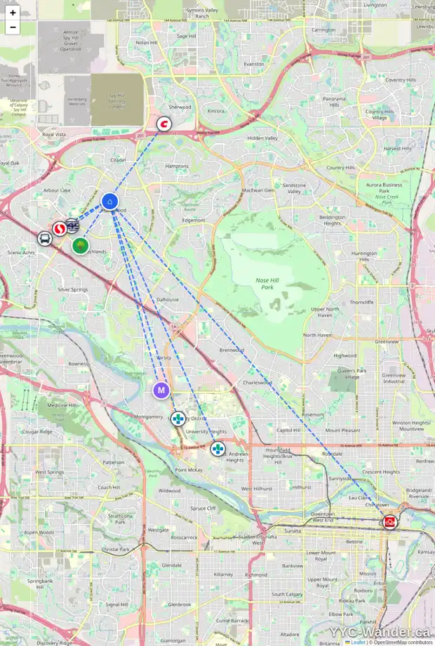 Daily accessibility map for 162 HAWKBURY CL NW, Calgary showing nearby schools, grocery stores, parks, LRT stations and nearby amenities
