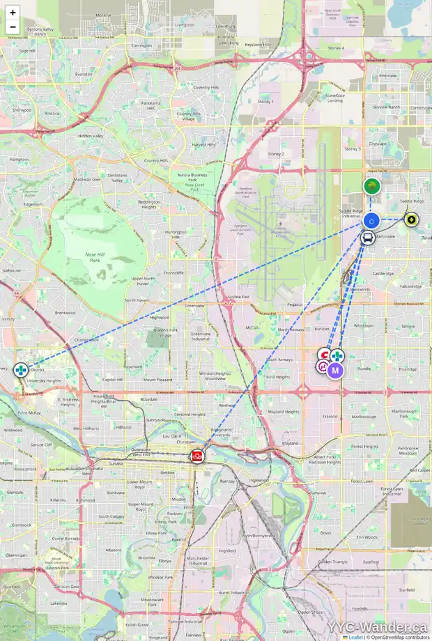 Daily accessibility map for 36 MARTHA'S MEADOW PL NE, Calgary showing nearby schools, grocery stores, parks, LRT stations and nearby amenities