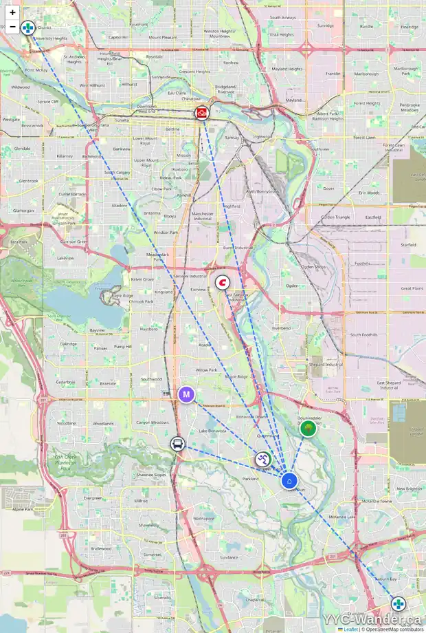 Daily accessibility map for 75 DEER LANE RD SE, Calgary showing nearby schools, grocery stores, parks, LRT stations and nearby amenities