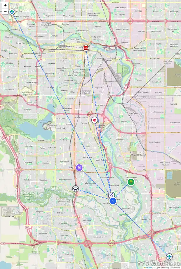 Daily accessibility map for 14727 DEER RIDGE DR SE, Calgary showing nearby schools, grocery stores, parks, LRT stations and nearby amenities