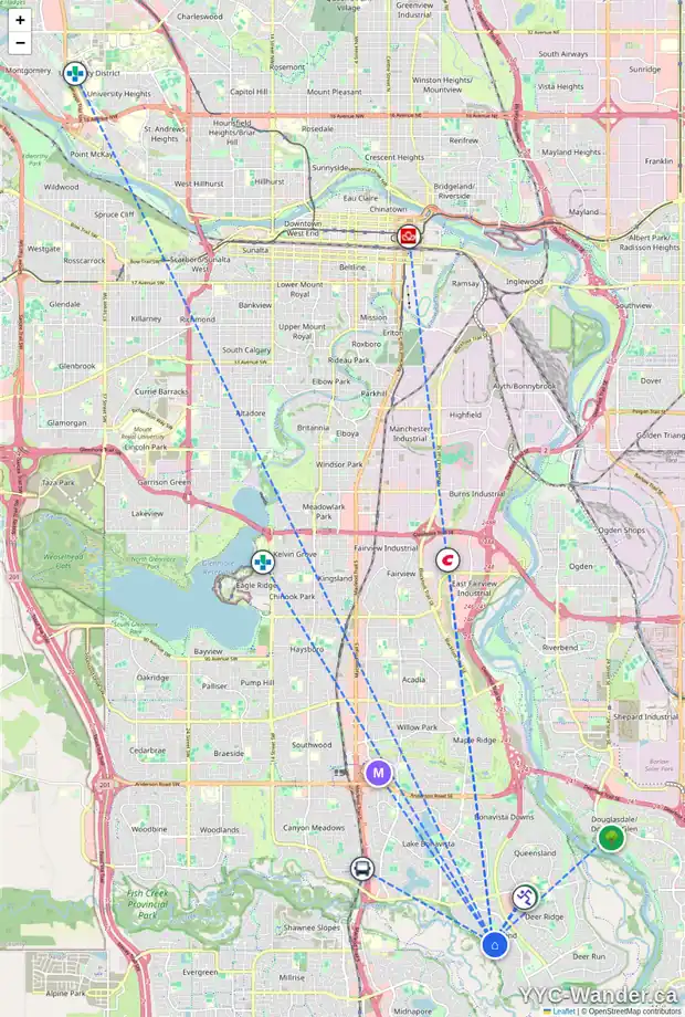 Daily accessibility map for 347 PARKLAND WY SE, Calgary showing nearby schools, grocery stores, parks, LRT stations and nearby amenities
