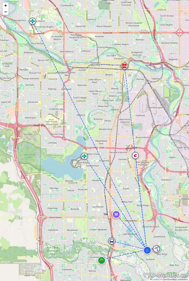 Daily accessibility map for 959 PARKWOOD WY SE, Calgary showing nearby schools, grocery stores, parks, LRT stations and nearby amenities