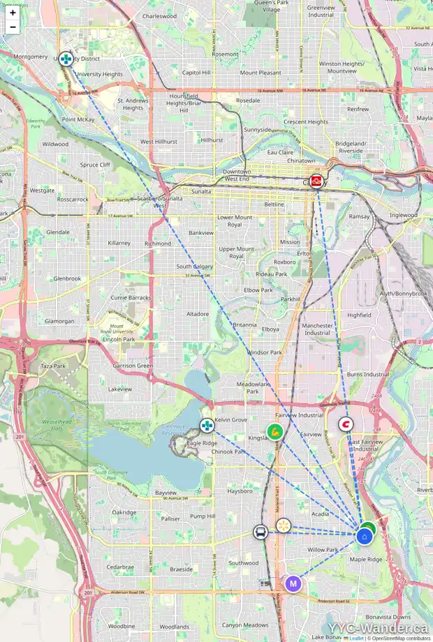 Daily accessibility map for 96 MAPLE COURT CR SE, Calgary showing nearby schools, grocery stores, parks, LRT stations and nearby amenities