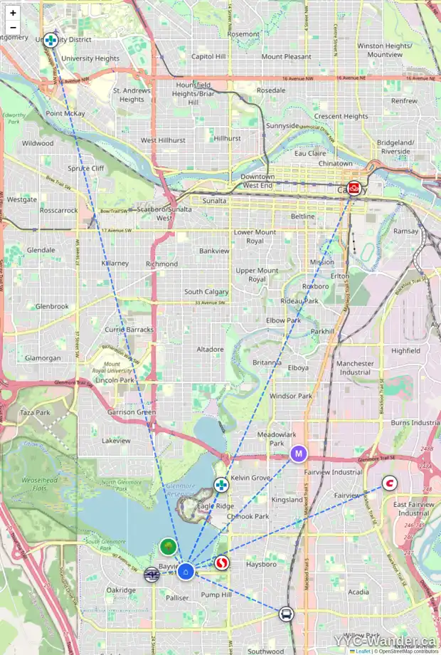 Daily accessibility map for 9012 BAY RIDGE DR SW, Calgary showing nearby schools, grocery stores, parks, LRT stations and nearby amenities