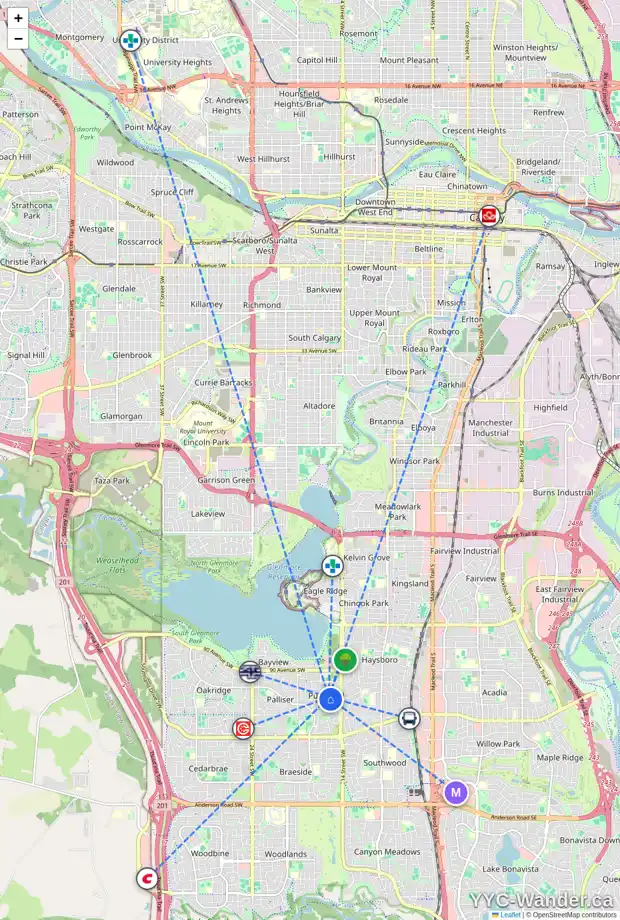 Daily accessibility map for 350 PUMPRIDGE PL SW, Calgary showing nearby schools, grocery stores, parks, LRT stations and nearby amenities
