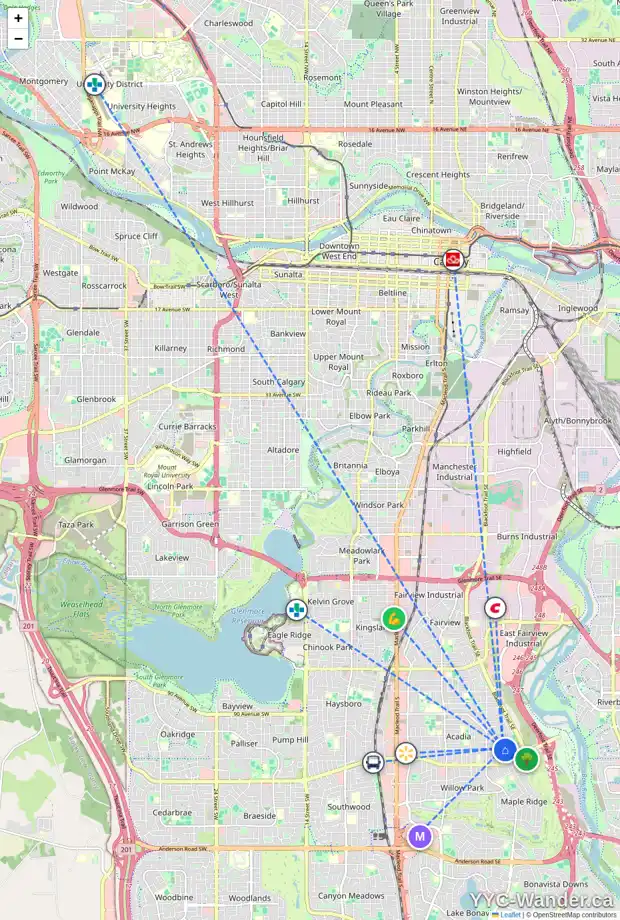 Daily accessibility map for 9628 ACADEMY DR SE, Calgary showing nearby schools, grocery stores, parks, LRT stations and nearby amenities