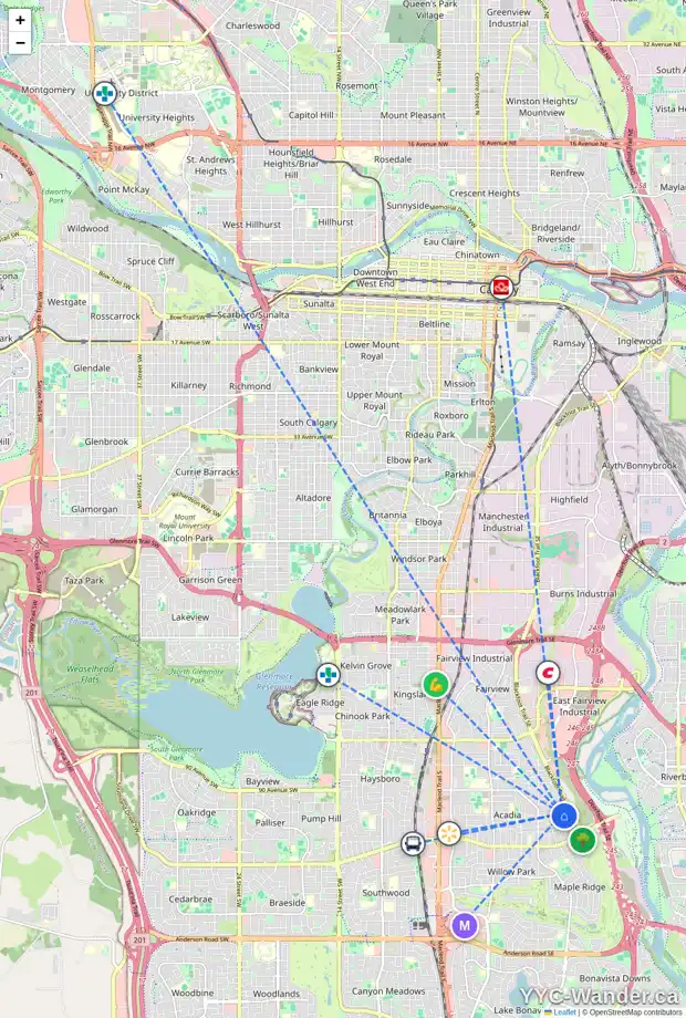 Daily accessibility map for 9447 ACADEMY DR SE, Calgary showing nearby schools, grocery stores, parks, LRT stations and nearby amenities