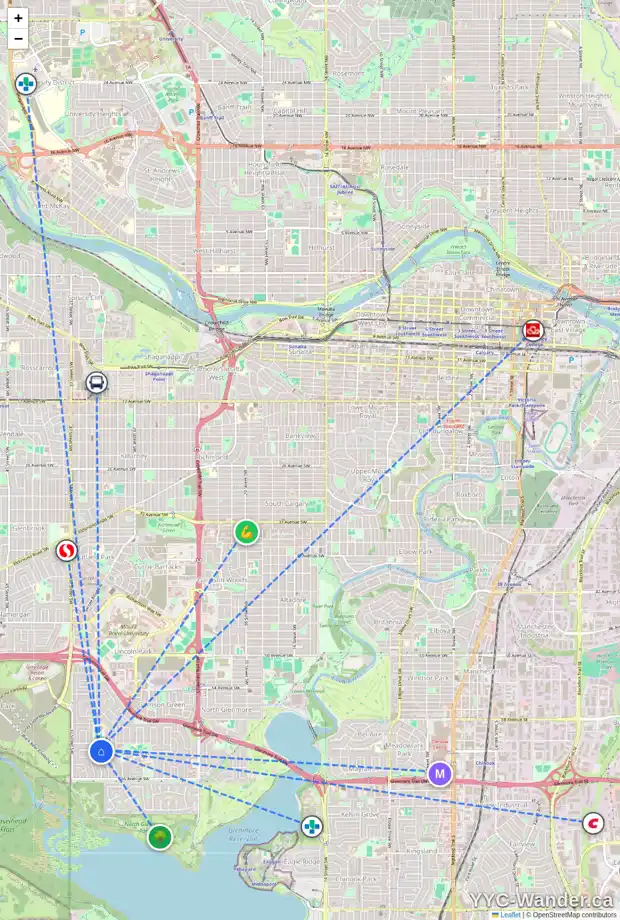 Daily accessibility map for 6227 LEWIS DR SW, Calgary showing nearby schools, grocery stores, parks, LRT stations and nearby amenities