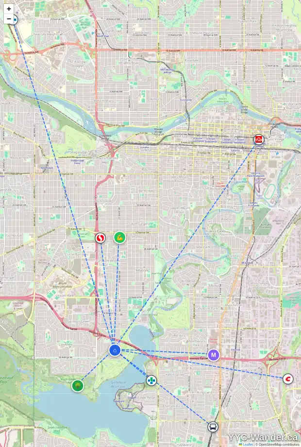 Daily accessibility map for 2255 LONGRIDGE DR SW, Calgary showing nearby schools, grocery stores, parks, LRT stations and nearby amenities