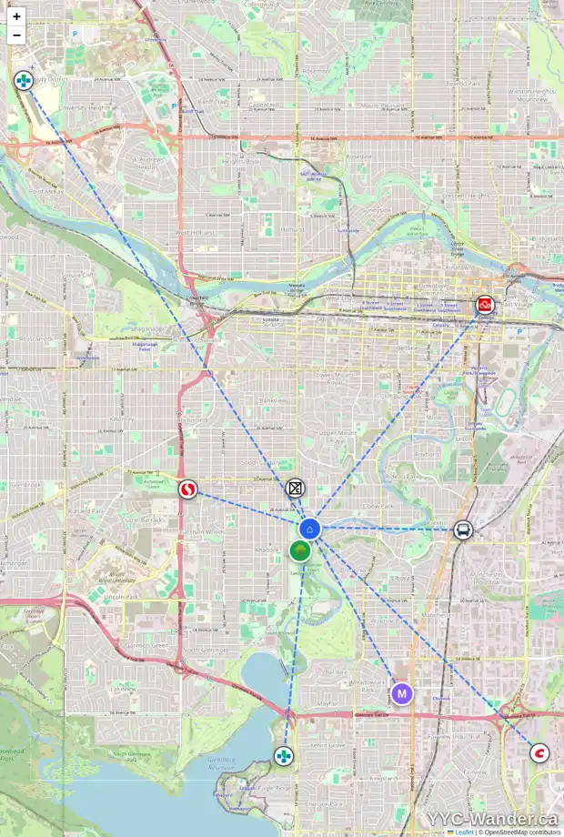 Daily accessibility map for 4027 CRESTVIEW RD SW, Calgary showing nearby schools, grocery stores, parks, LRT stations and nearby amenities