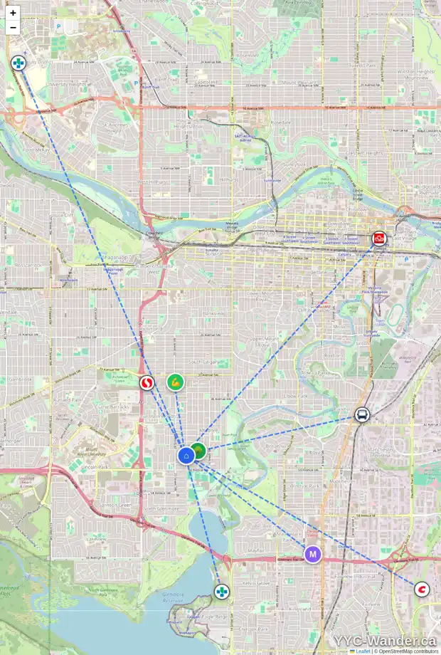 Daily accessibility map for 2007 47 AV SW, Calgary showing nearby schools, grocery stores, parks, LRT stations and nearby amenities