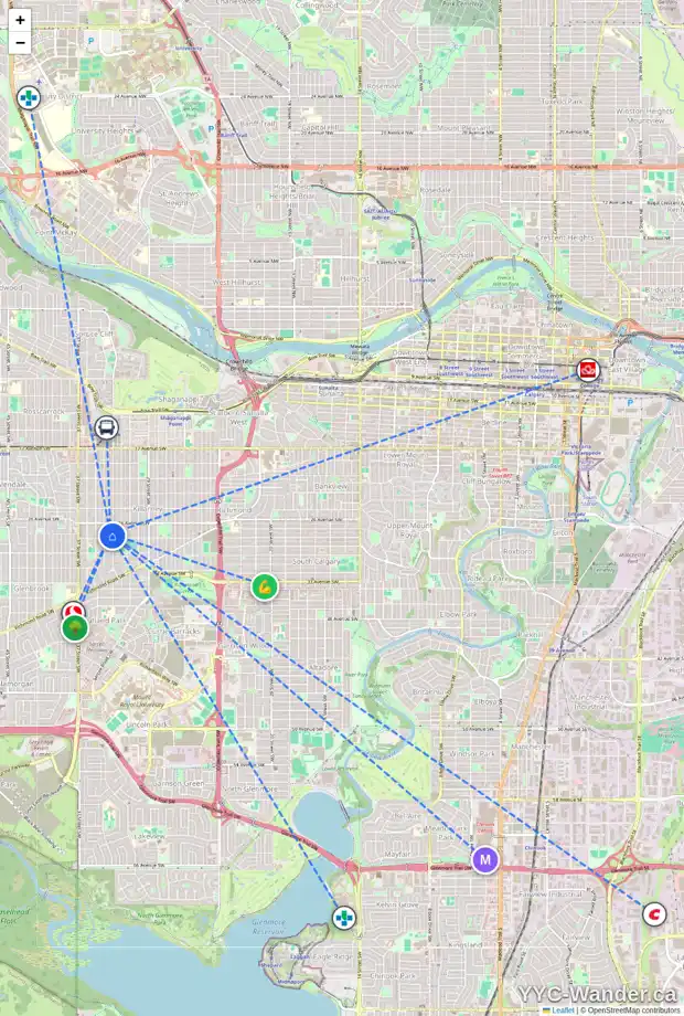 Daily accessibility map for 2831 33 ST SW, Calgary showing nearby schools, grocery stores, parks, LRT stations and nearby amenities
