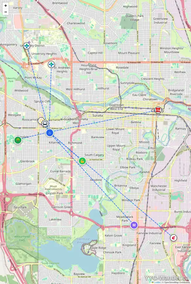 Daily accessibility map for 3203 19 AV SW, Calgary showing nearby schools, grocery stores, parks, LRT stations and nearby amenities