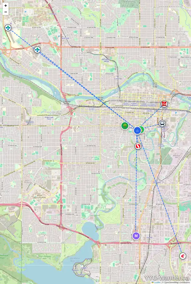 Daily accessibility map for 530 19 AV SW, Calgary showing nearby schools, grocery stores, parks, LRT stations and nearby amenities
