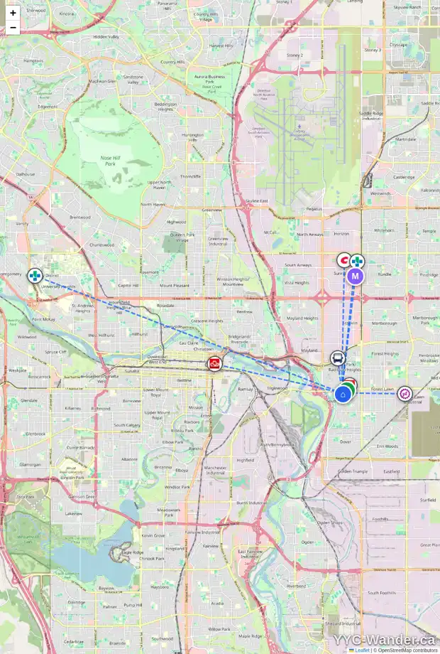 Daily accessibility map for 1906 ASH CR SE, Calgary showing nearby schools, grocery stores, parks, LRT stations and nearby amenities