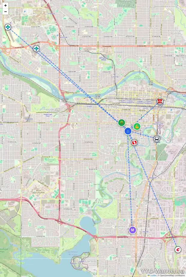 Daily accessibility map for 504 629 ROYAL AV SW, Calgary showing nearby schools, grocery stores, parks, LRT stations and nearby amenities