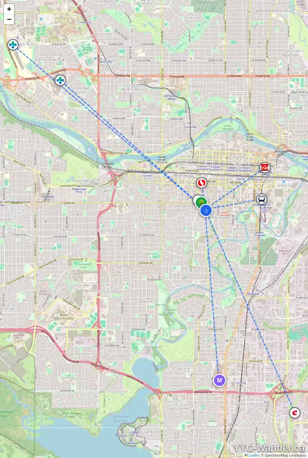 Daily accessibility map for 1738 7 ST SW, Calgary showing nearby schools, grocery stores, parks, LRT stations and nearby amenities
